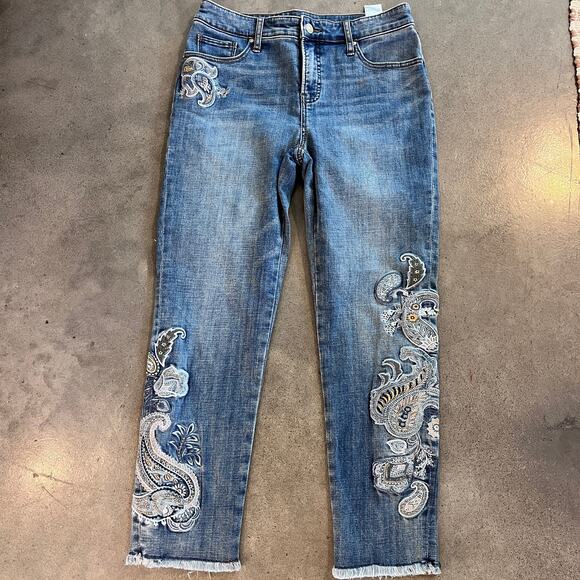 Chicos So Slimming Girlfriend Slim Leg Ankle cropped Embroidered jeans womens 4 - Picture 1 of 9